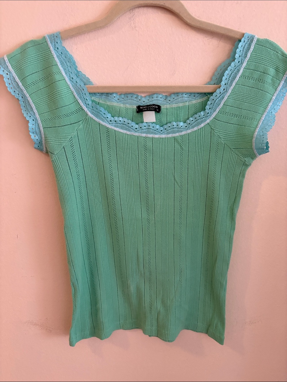 MIMI & COCO Mint Green Tank Top with Light Blue Lace Trim